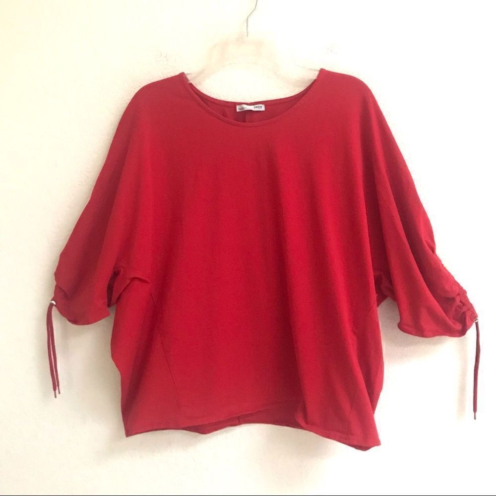 Zara red ruched sleeve boxy fit top M‎